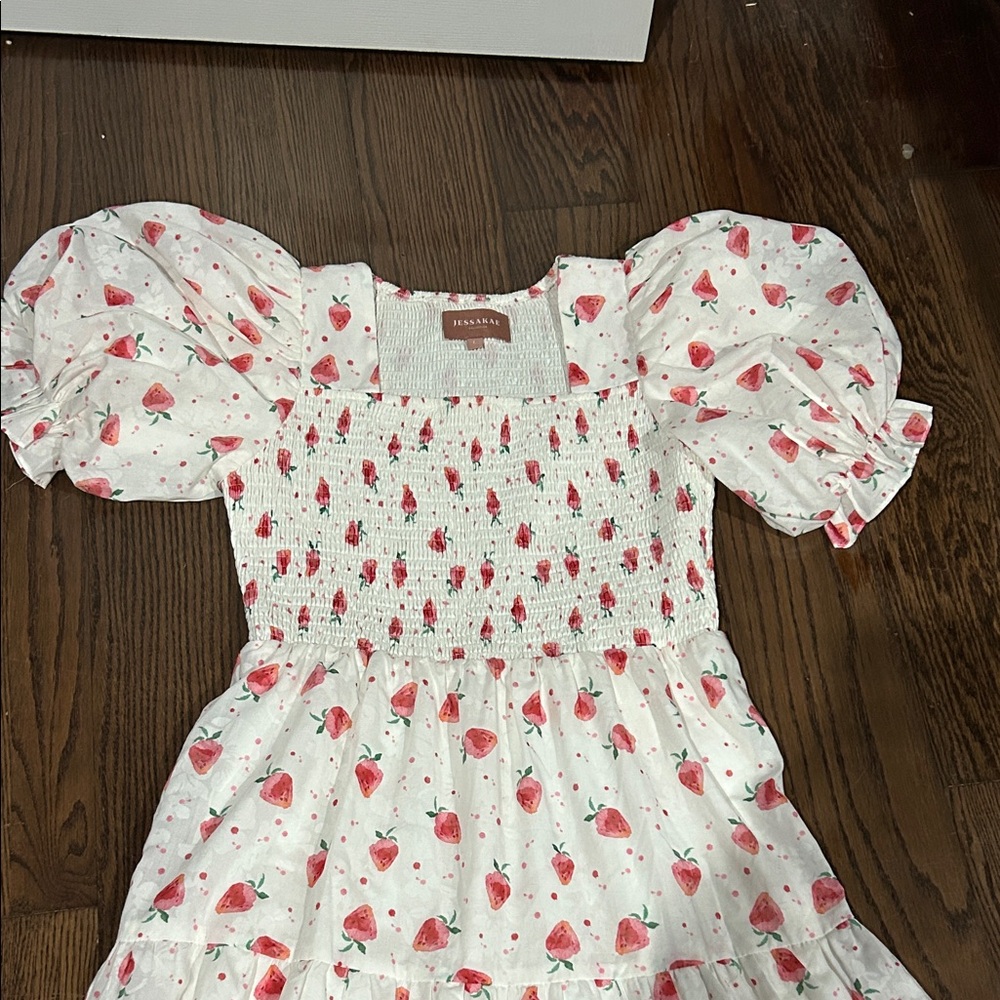 JessaKae White and Pink strawberry ZTA puff sleeve rouched bodice dress sz L - Picture 2 of 4